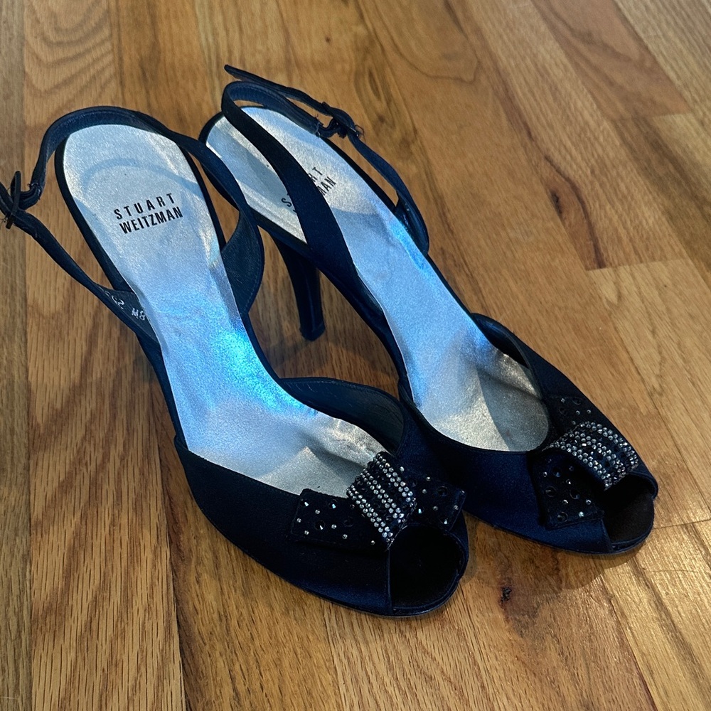 Stuart Weitzman | Black Satin Peep-Toe Slingback Heels